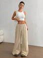 Pure Cotton Casual Solid Color Loose Wide Leg Draggle Tail Trousers - Apricot -