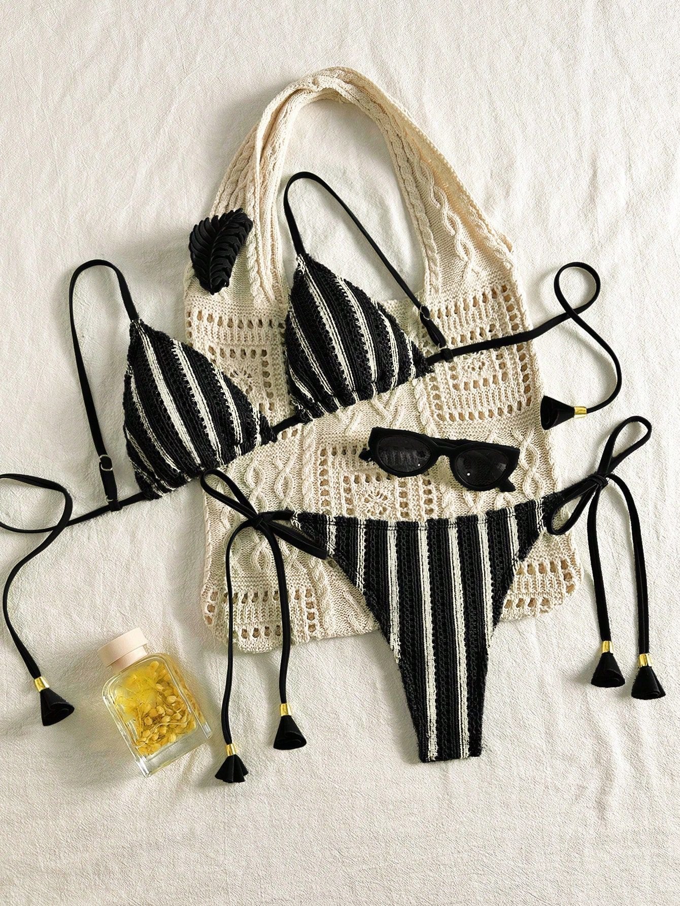 Bikini Set Special Multi color Double Strap Swimsuit Women's Bathing Suit - black -