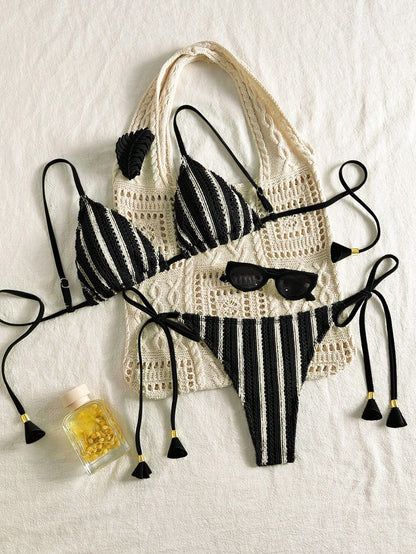 Bikini Set Special Multi color Double Strap Swimsuit Women's Bathing Suit - black -