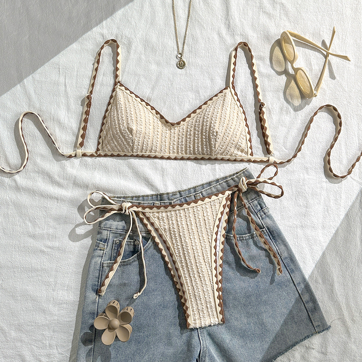 Texture Bikini Women Contrast Color Lace up Split Swimwear Swimsuit Bikini - Apricot -
