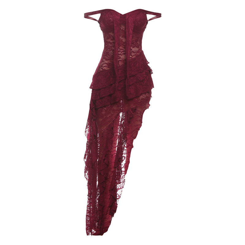 Women Clothing Summer Lace Sexy Slim Fit Tied Hollow Out Cutout out See through Irregular Asymmetric Tube Top Dress - Burgundy -
