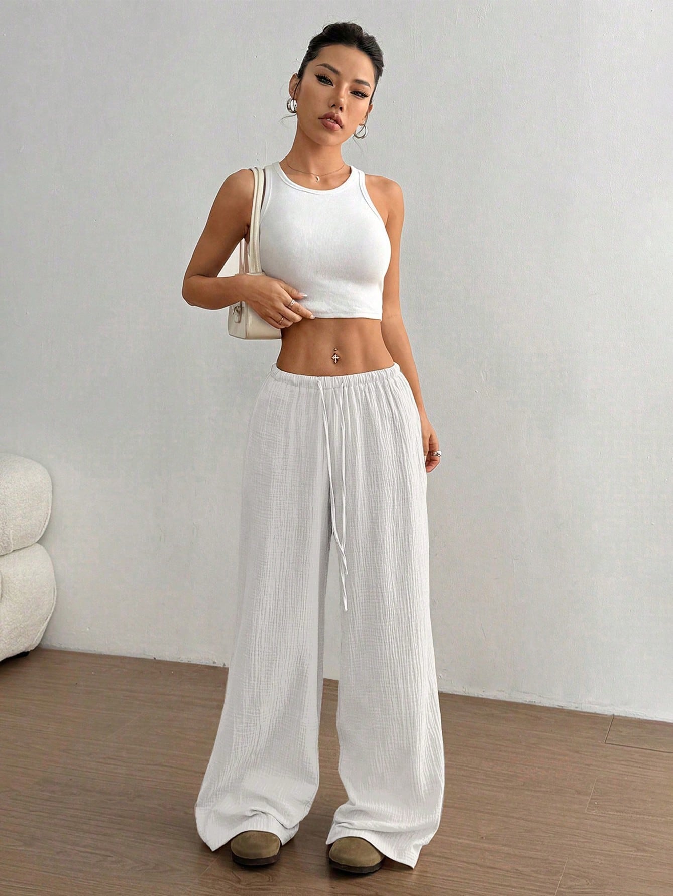 Pure Cotton Casual Solid Color Loose Wide Leg Draggle Tail Trousers - White -