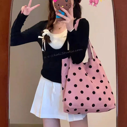Spring cute polka dot hobo bag, versatile student large capacity shouder tote, design canvas hobo bag - -