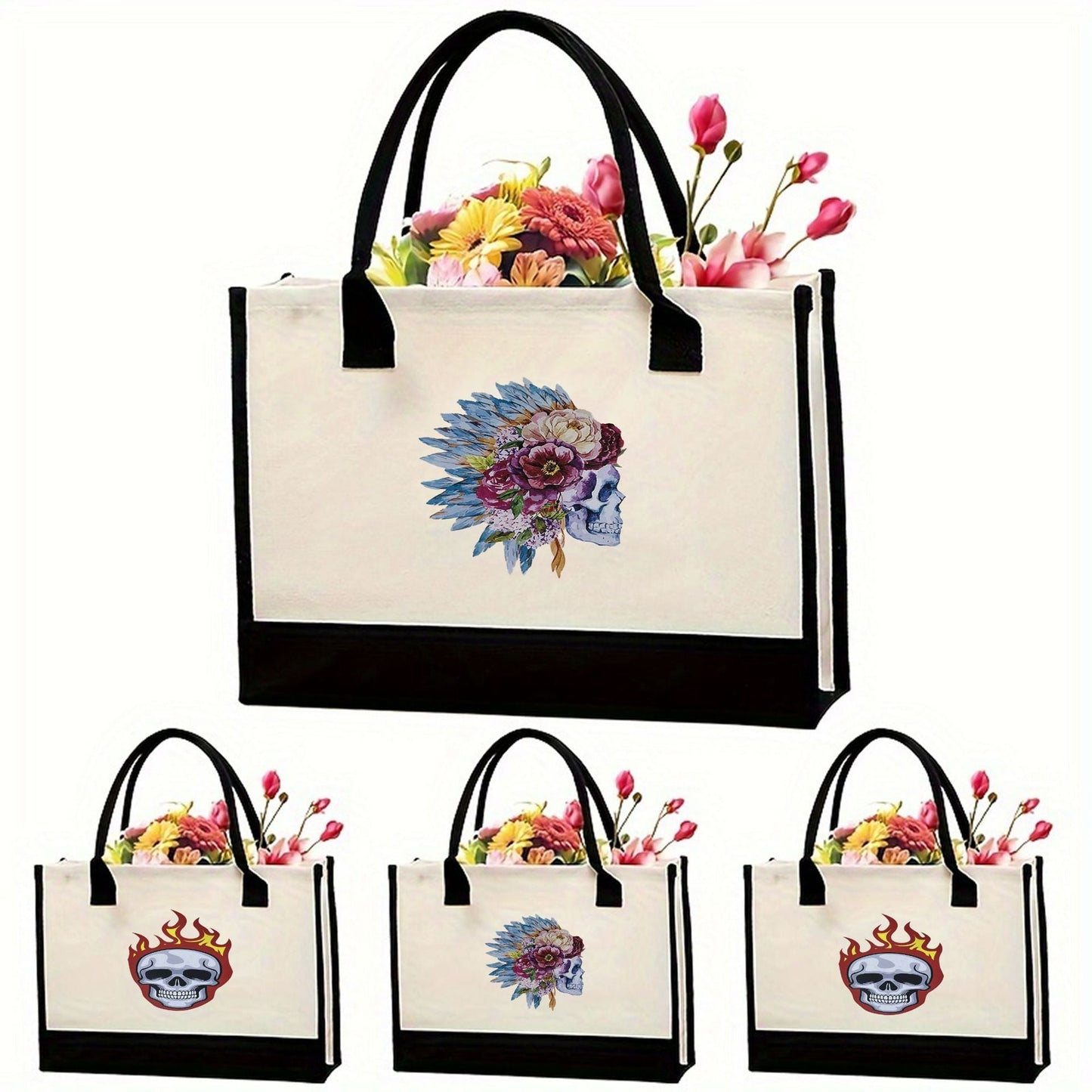 Canvas tote bag, large capacity printed tote bag women's, fashionable waterproof portable shopping bag - -
