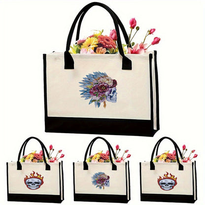 Canvas tote bag, large capacity printed tote bag women's, fashionable waterproof portable shopping bag - -
