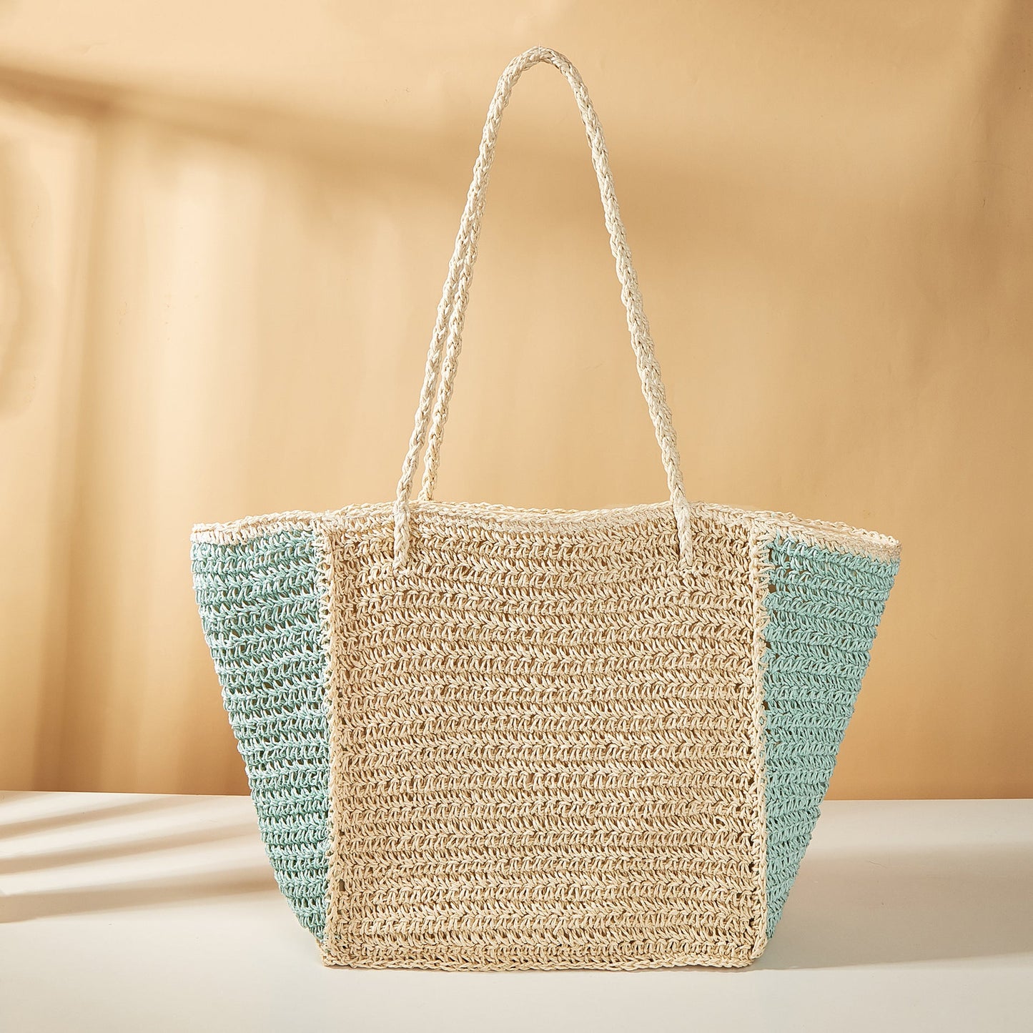 Summer Woven Shoulder Bag – Rustic Straw Handbag, Beach Vacation Tote, Casual Trendy Purse - Rice + green -