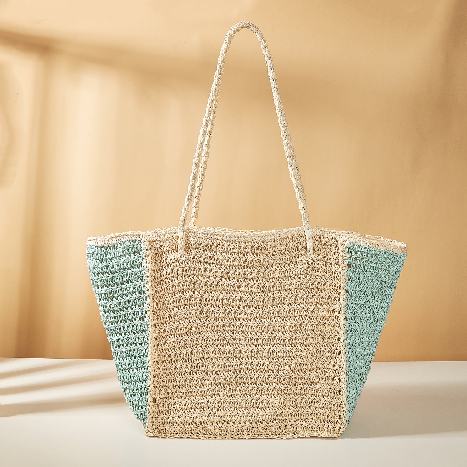 Summer Woven Shoulder Bag – Rustic Straw Handbag, Beach Vacation Tote, Casual Trendy Purse - Rice + green -