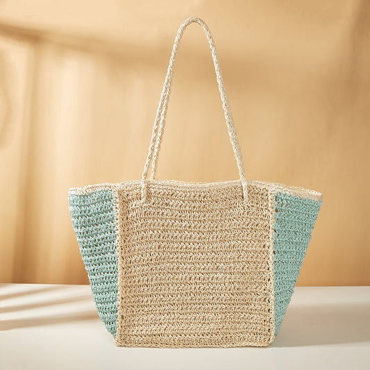 Summer Woven Shoulder Bag – Rustic Straw Handbag, Beach Vacation Tote, Casual Trendy Purse - Rice + green -