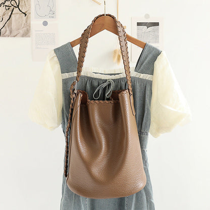Elegant Woven Shoulder Strap Bucket Bag for Female - Versatile Texture Soft PU Retro Casual Tote - Clay -