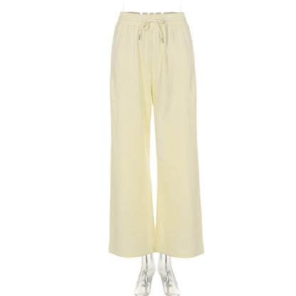 Women Wear Autumn Casual Loose Drawstring Tight Waist Solid Color Trousers - Apricot -