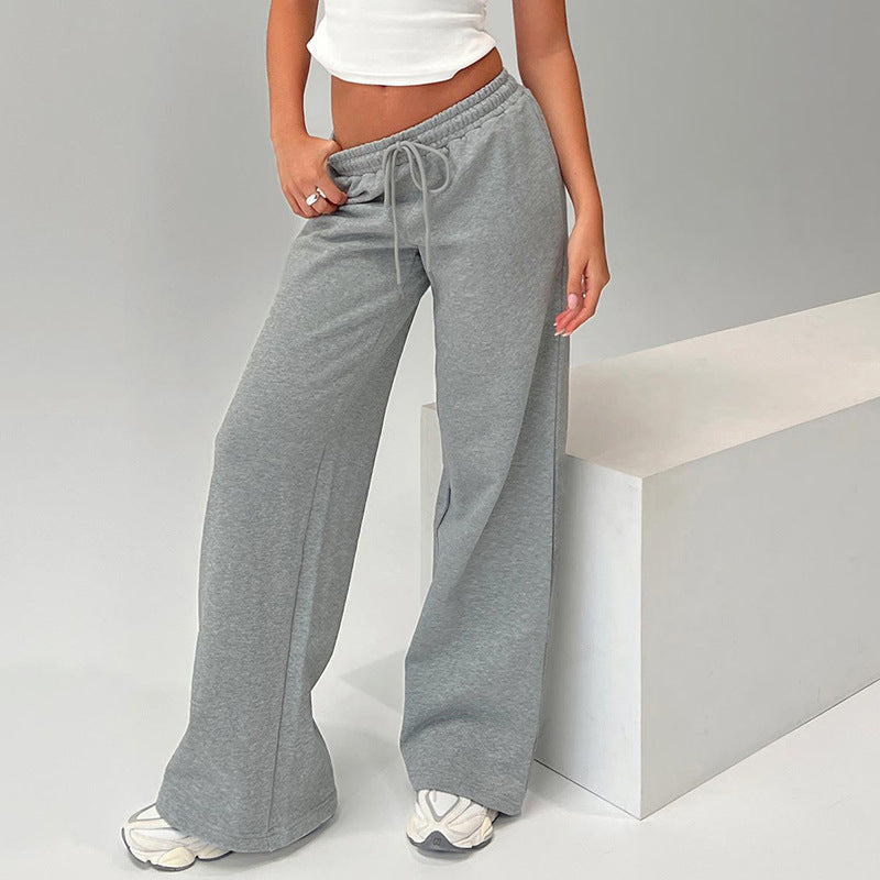 Women Wear Autumn Casual Loose Drawstring Tight Waist Solid Color Trousers - -