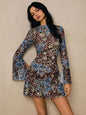 Double Layer Gauze Slit Horn Long Sleeve Floral Dress - Multi - dress