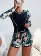 Women's Sun Protection Diving Suit Printed Boxer Long Sleeve Swimsuit UV Protection Swimwear - Black + Pineapple -