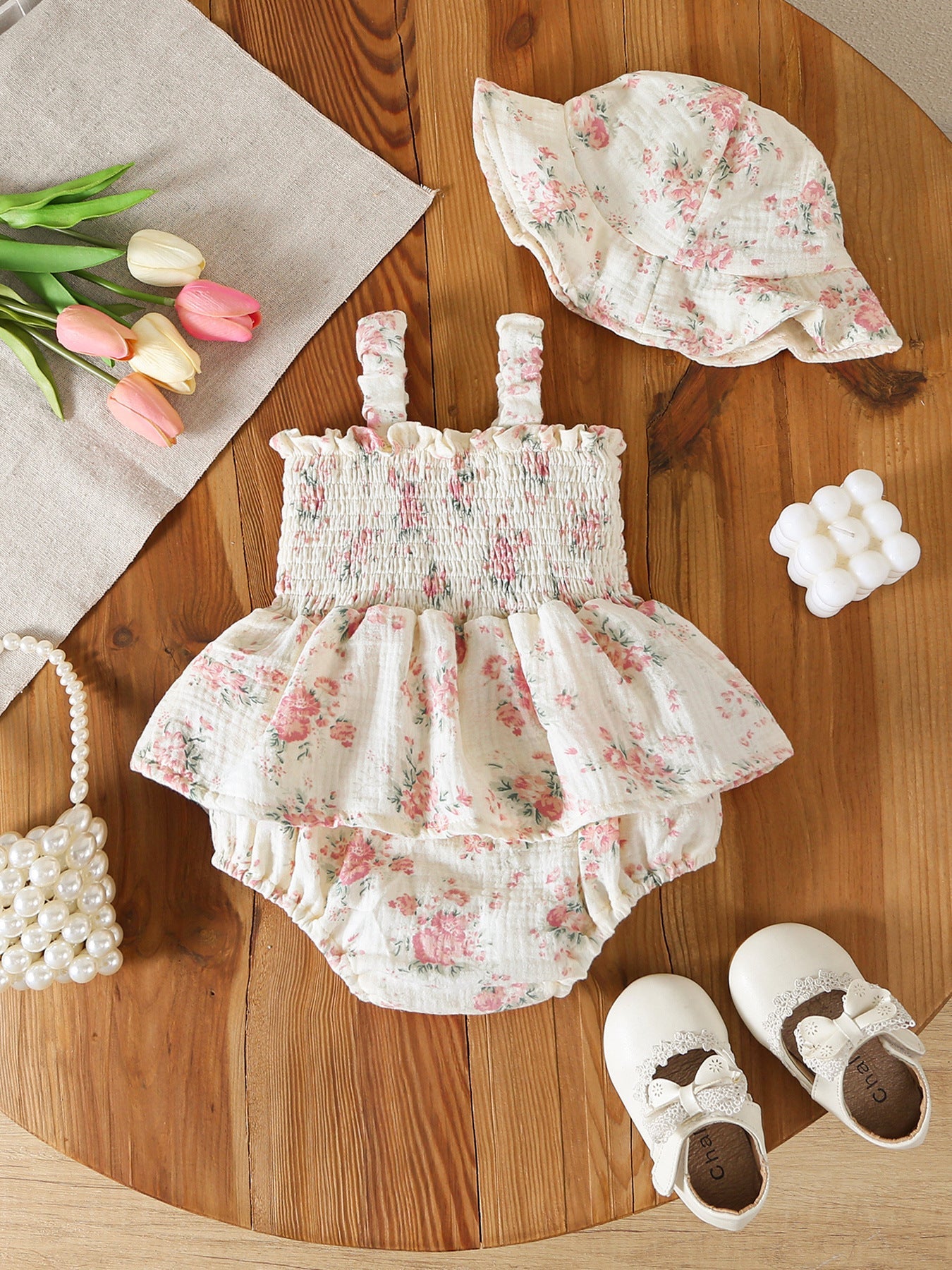 Muslin Summer Floral Print Smocked Baby Girl Romper Set Hat - - Romper