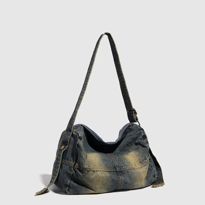 Washed old denim hobo bag, large capacity hobo shoulder bag, sweet cool babes shoulder Retro denim shoulder bag - -
