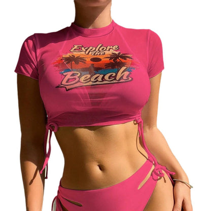 Women's Short Sleeve Two Piece Bikini Swimsuit Set - -
