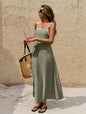 Off-the-shoulder backless solid color suspender strap-up long dress - Army green -