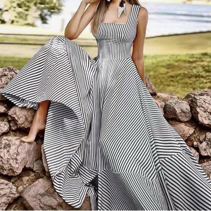 Summer Fashion Striped Tank Dress – Flared Tie-Waist Midi - black -
