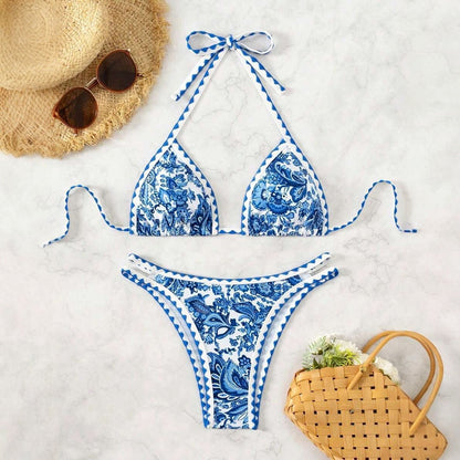 Bikini Two Piece Swimsuit Sexy Backless Print Bikini Swimwear for Women - -