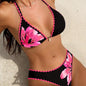 Printed Two Piece Bikini Set with Tie Swimsuit for Women - rose red -