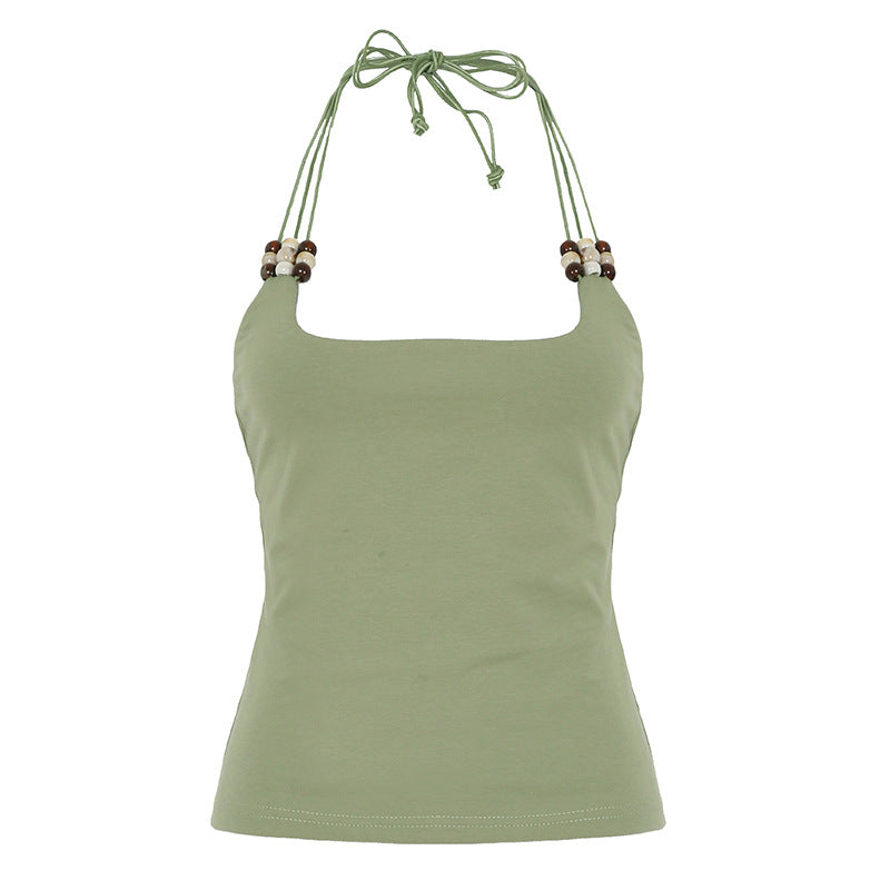 Beaded Lace up Backless Halter Top - Green - Tops