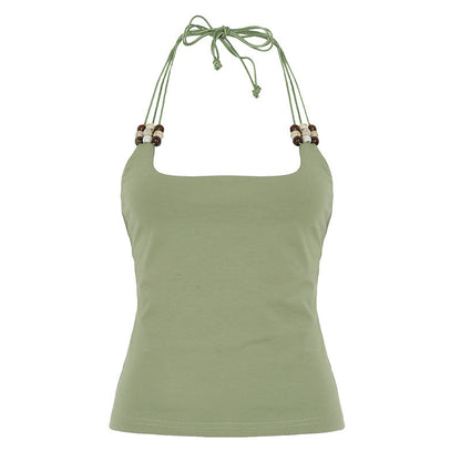Beaded Lace up Backless Halter Top - Green - Tops