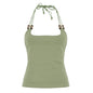 Beaded Lace up Backless Halter Top - Green - Tops