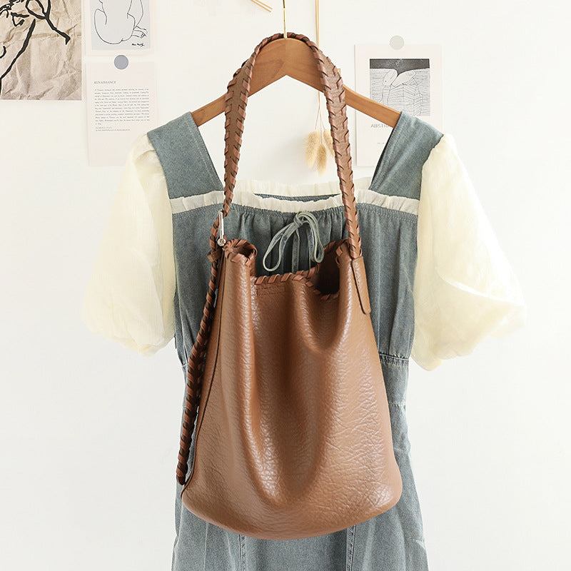 Elegant Woven Shoulder Strap Bucket Bag for Female - Versatile Texture Soft PU Retro Casual Tote - brown -