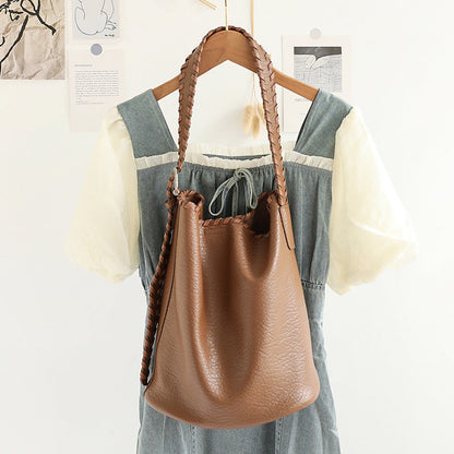 Elegant Woven Shoulder Strap Bucket Bag for Female - Versatile Texture Soft PU Retro Casual Tote - brown -