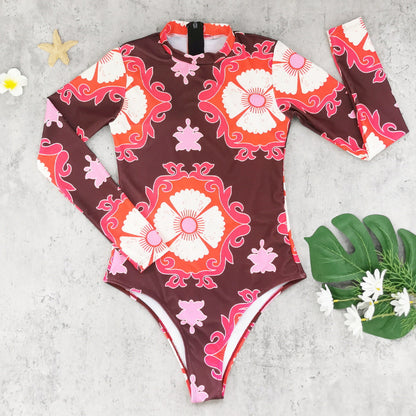 Printed Long Sleeve Zipper Surfing One Piece Swimsuit - Multi -