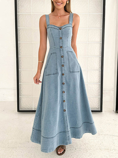 Denim medium and long dress, suspender backless temperament commuter dress - blue -