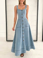 Denim medium and long dress, suspender backless temperament commuter dress - blue -
