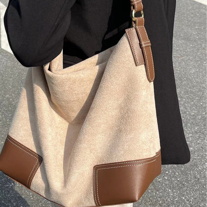 Large capacity suede hobo bag, female contrasting shoulder bag, shoulder bag, slouchy bag - -