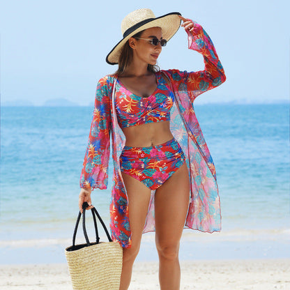 Swimwear Women Split Printed Bikini Bikini Mesh High Waist Swimsuit Three Piece Swimsuit - Red -