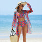Swimwear Women Split Printed Bikini Bikini Mesh High Waist Swimsuit Three Piece Swimsuit - Red -
