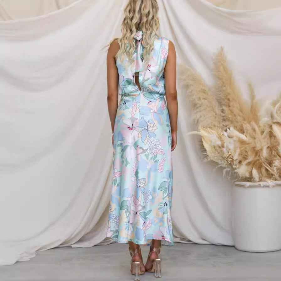 Sleeveless Strap Dress Slim Dress Satin Printing Temperament - -