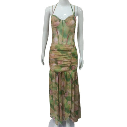 Women's Summer Sexy Spaghetti Strap Printed Vacation Beach High Waist Slimming Slit Dress - -