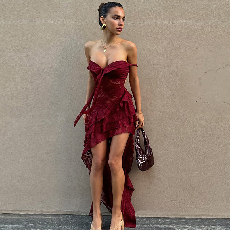 Women Clothing Summer Lace Sexy Slim Fit Tied Hollow Out Cutout out See through Irregular Asymmetric Tube Top Dress - -