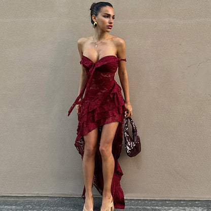 Women Clothing Summer Lace Sexy Slim Fit Tied Hollow Out Cutout out See through Irregular Asymmetric Tube Top Dress - -