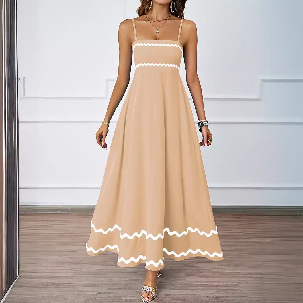 Spring and summer solid color lace splicing elegant suspender tube top super pendulum dress women - -