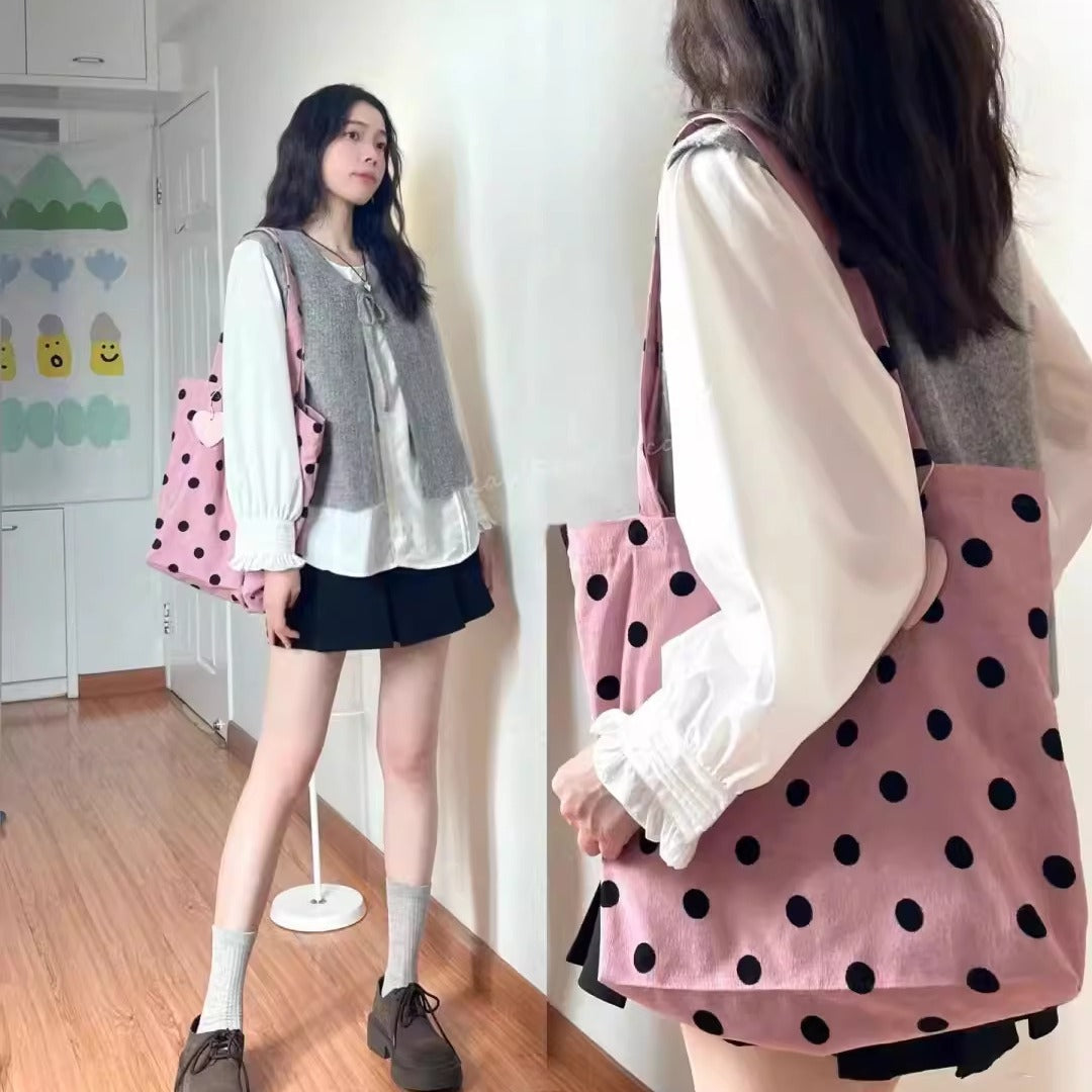 Spring cute polka dot hobo bag, versatile student large capacity shouder tote, design canvas hobo bag - -