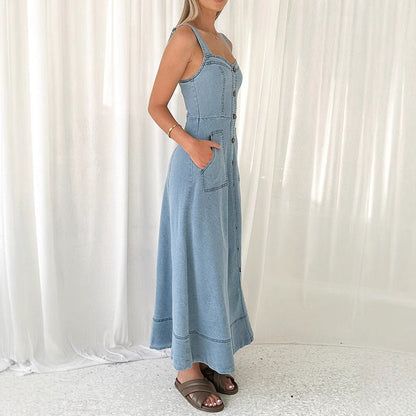 Denim medium and long dress, suspender backless temperament commuter dress - -
