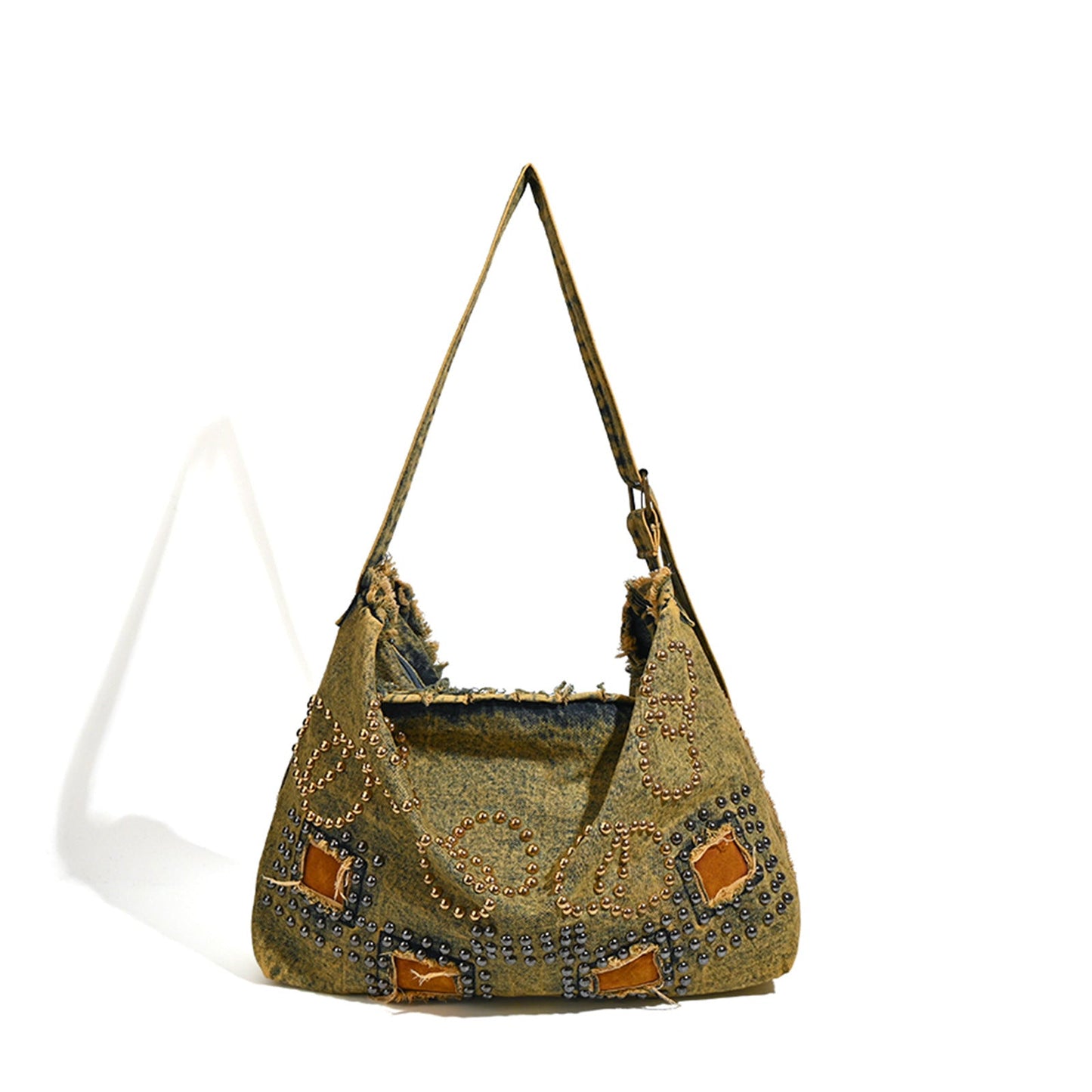 Large capacity hobo shoulder tote bag, retro denim bag, stylish crossbody bag, rivet design shoulder bag - khaki -