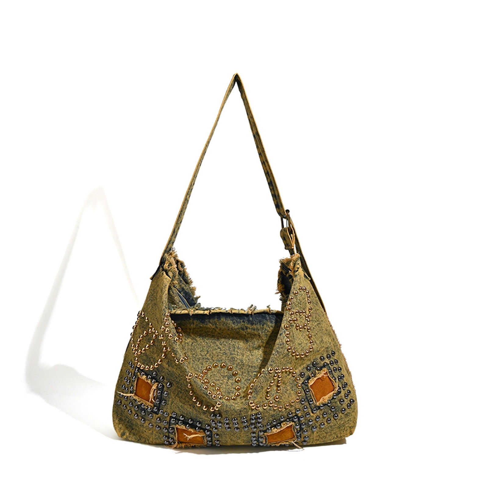 Large capacity hobo shoulder tote bag, retro denim bag, stylish crossbody bag, rivet design shoulder bag - khaki -