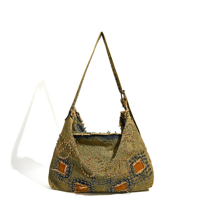 Large capacity hobo shoulder tote bag, retro denim bag, stylish crossbody bag, rivet design shoulder bag - khaki -