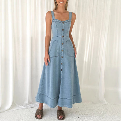 Denim medium and long dress, suspender backless temperament commuter dress - -