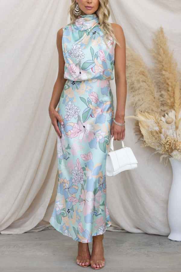 Sleeveless Strap Dress Slim Dress Satin Printing Temperament - -