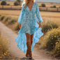 Women's Bohemian V-Neck Asymmetrical Hem Printed Long Sleeve Dress - blue -