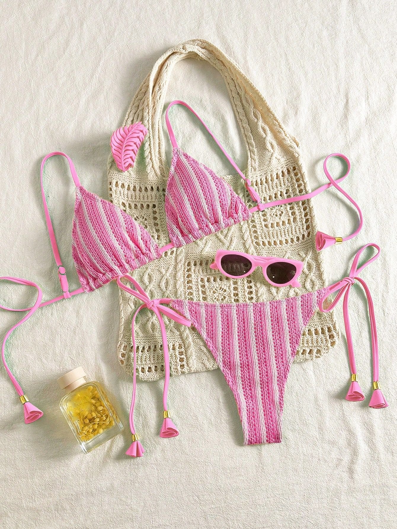 Bikini Set Special Multi color Double Strap Swimsuit Women's Bathing Suit - pink -