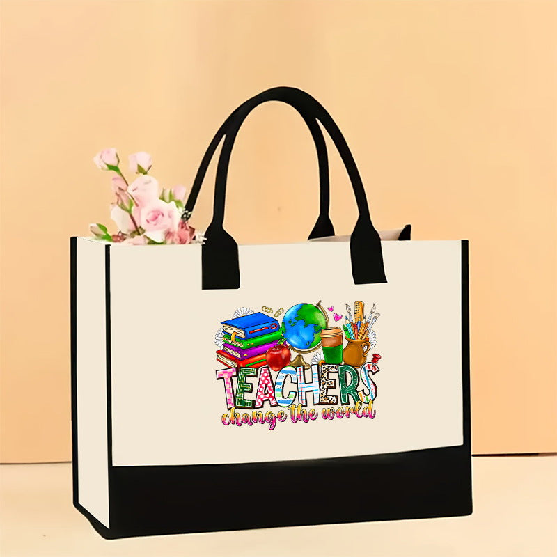 Canvas tote bag, large capacity printed tote bag women's, fashionable waterproof portable shopping bag - Teacher-12 43*13.5*30.5CM -